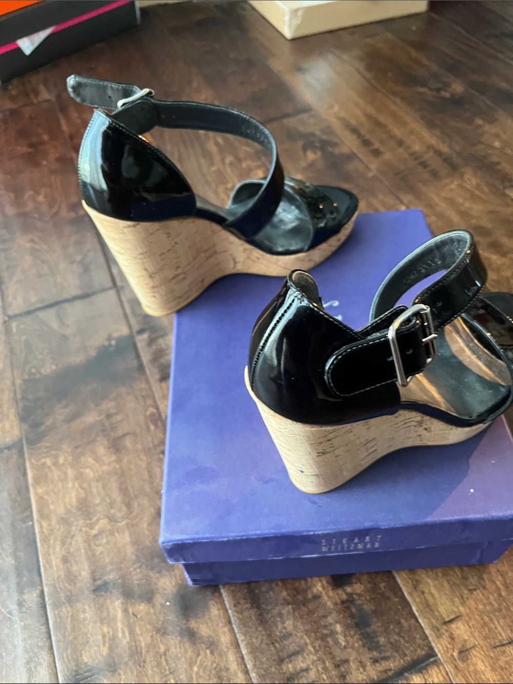Stuart Weitzman Black Patent Cork Wedge Sandals with Ankle Strap - Picture 7 of 9